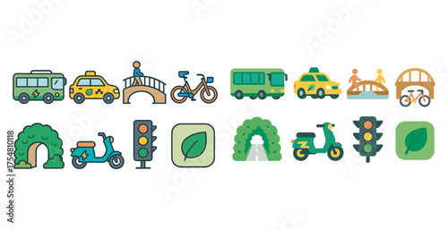 Transportation and nature icons set – flat, outline, mobility and eco-friendly symbols