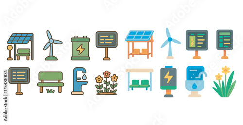 Renewable energy icons set – filled, flat, sustainable and eco-friendly symbols