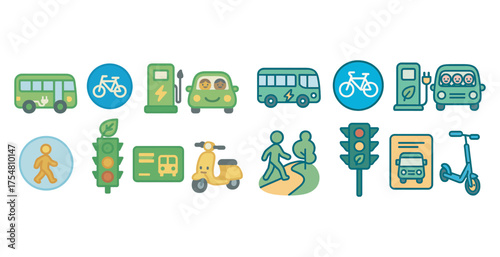 Eco-friendly transportation icons set – flat, sustainable, green travel symbols