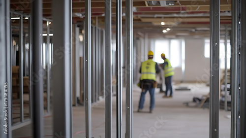 Interior Construction in Progress: Metal framework under construction. Two workers wearing safety vests blurred in the background. Room in progress.