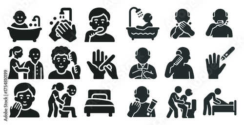 Hygiene and care solid icons set – silhouette, filled, personal grooming symbols