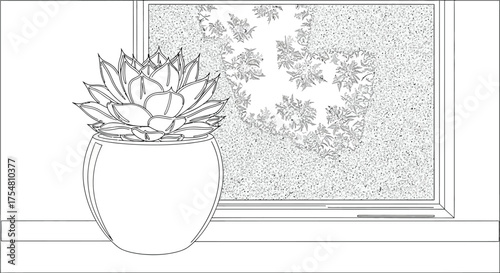 Succulent plant pot window sill indoor home decor botanical drawing lineart