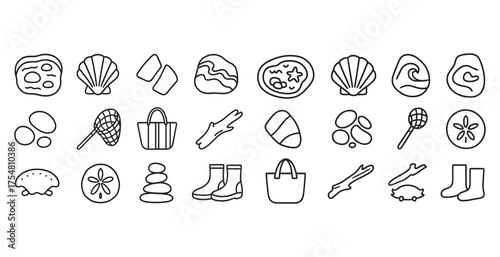Beach and sea outline icons set – coastal, line, shore vacation symbols