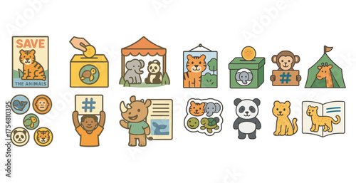 Animal conservation flat icons set – wildlife, environment, eco-friendly symbols
