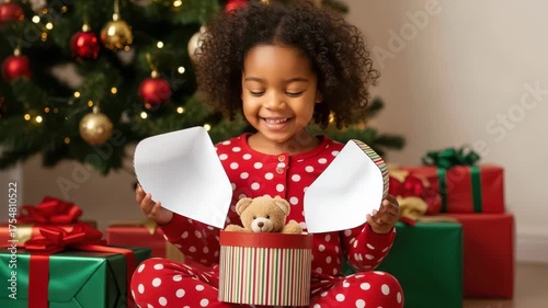 Excited little girl opening a christmas present with a teddy bear inside, surrounded by gifts and a christmas tree