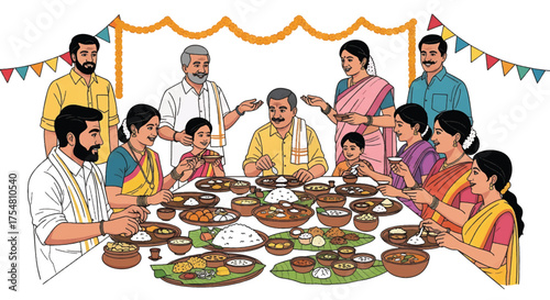 Illustration of a diverse family gathered around a table with various traditional dishes in a festive setting with colorful decorations.