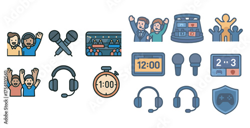 Esports and gaming icons set – flat, filled, digital sports and competitive symbols