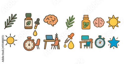 Wellness and relaxation flat icons set – meditation, spa, health symbols