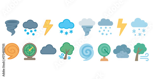 Weather and climate flat icons set – filled, atmospheric, meteorological symbols