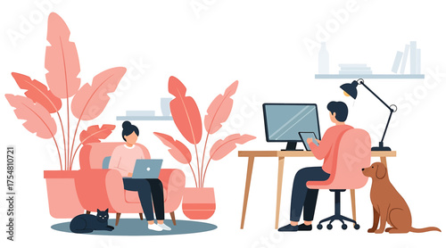 Vector art of a cozy scene of people working from home, surrounded by plants and pets, creating a comfortable and productive environment, fostering a sense of balance and wellbeing