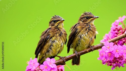 Two young birds with brown and yellow plumage perch on a branch with pink flowers against a vibrant green background