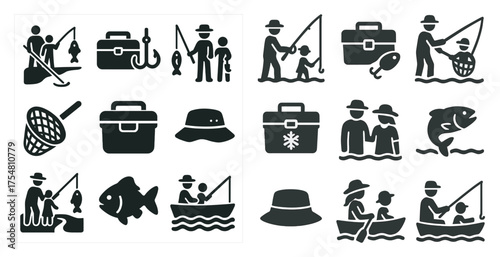Fishing and outdoor silhouette icons set – solid, filled, angling and recreation symbols
