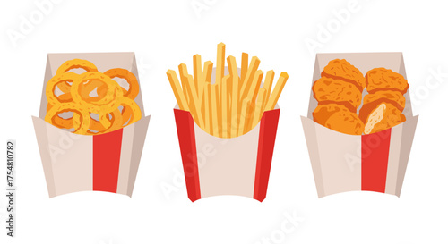 A delicious assortment of fried fast food including onion rings french fries and chicken nuggets.