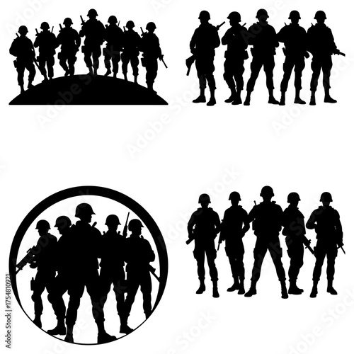 Silhouette illustrations of military personnel standing in formation with weapons in various arrangements