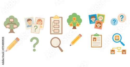 Family tree and genealogy icons set – flat, outline, ancestry and heritage symbols