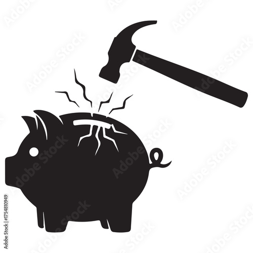 Minimalist Black Silhouette Icon of Hammer Breaking Piggy Bank