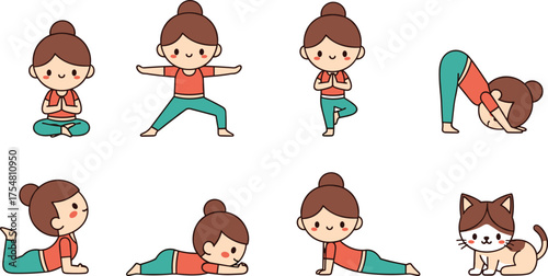 PrintCartoon yoga poses, female character, red top, 