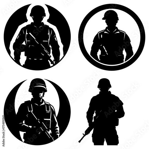 Collection of soldier silhouettes in various poses and circular frame designs in black and white style