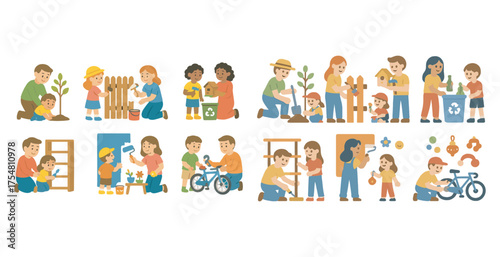 Community and volunteering flat icons set – filled, solid, charity and teamwork symbols
