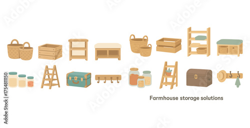 Storage solutions icons set – flat, filled, organizing and decluttering graphics