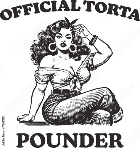 Retro Latina Illustration with Bold “Official Torta Pounder” Text – Vintage Style Chicano-Inspired Graphic Design for Humor, Apparel, Stickers, and Streetwear Culture