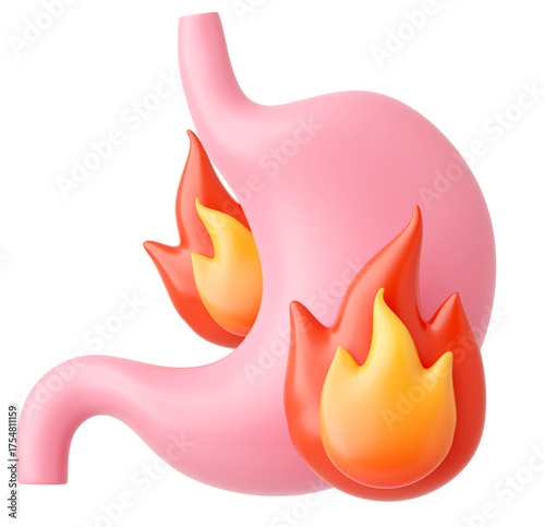 Gastritis and heartburn concept of a stomach on fire representing burning pain and inflammation 3D render
