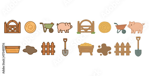 Farming and agriculture flat icons set – gardening, livestock, crop symbols