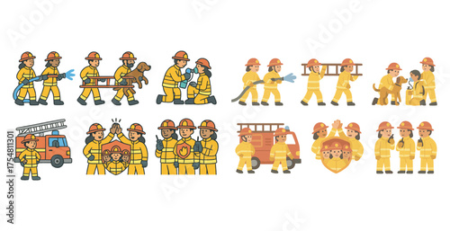 Firefighting crew icons set – flat, filled, rescue and emergency services symbols