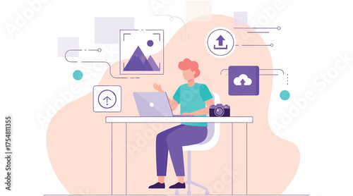 Vector art of a young man is working on his laptop at his desk, uploading files and editing photos, he is wearing a turquoise shirt and purple pants
