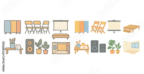 Home and office decor flat icons set – interior, design, furnishing symbols