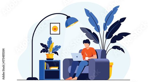 Vector art of a man is sitting in an armchair, working on his laptop, with a lamp and a plant next to him, he is wearing an orange shirt