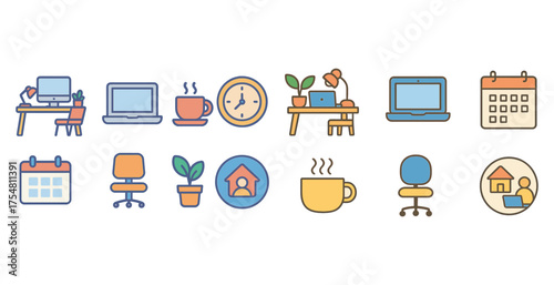 Home office line icons set – work, productivity, remote tools symbols