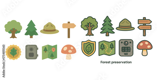 Forest preservation flat icons set – eco-friendly, conservation, nature protection symbols