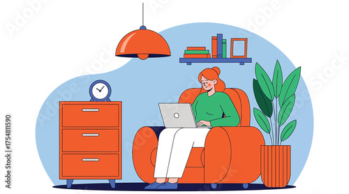 Vector art of a woman is working on her laptop while sitting on a chair in her living room, she is working from home and enjoying her time