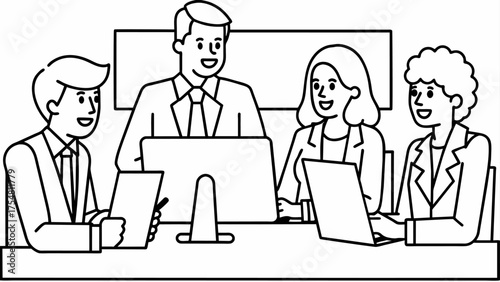 vector illustration of people working in an office, having a meeting or negotiations, team building.