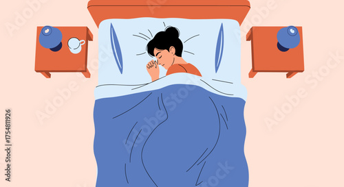 A young woman peacefully sleeping under a blue blanket in a cozy bedroom with bedside tables.