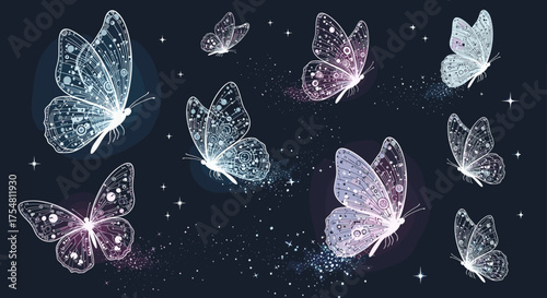 A mesmerizing swarm of ethereal glowing butterflies takes flight amidst a field of twinkling stars.