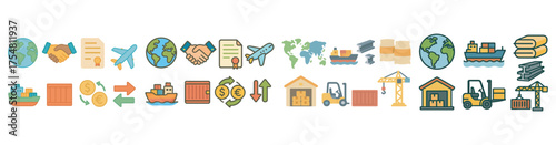 International freight and shipping icons set – flat, filled, logistics symbols