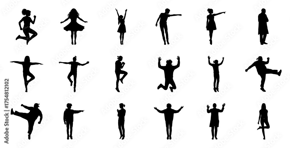 Fototapeta premium Diverse people in dynamic poses silhouettes jumping