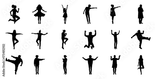 Diverse people in dynamic poses silhouettes jumping