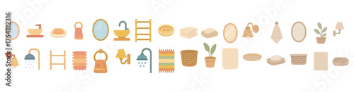 Bathroom essentials flat icons set – hygiene, decor, grooming symbols