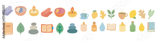 Wellness and relaxation flat icons set – soothing, spa, meditation symbols