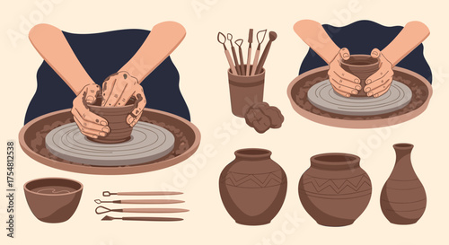 Creative hands shaping clay on a pottery wheel forming beautiful vessels.