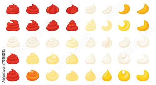 A collection of diverse creamy sauces and dressings arranged in rows and columns.
