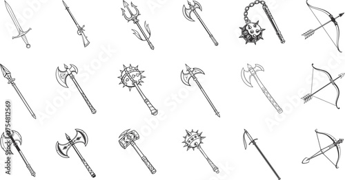 Hand-drawn medieval weapon collection in black and white. Includes swords, axes, maces, tridents, and crossbows in vintage sketch style. Perfect for fantasy, RPG, and historical design art.