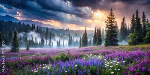 Minimalist Rainy Pine Forest & Purple Flower Field Matte Painting - Atmospheric Stock Photo