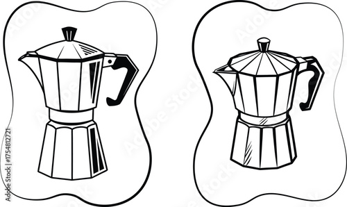 Vintage pot vector illustration in black and white. Classic Italian coffee maker line art design perfect for cafés, kitchen décor, or barista artwork. Minimalist sketch style for print or logo us