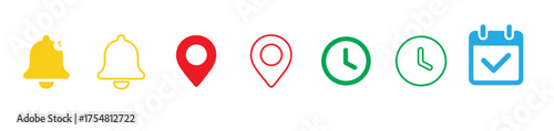 Collection of colorful icons representing notifications location time and calendar events