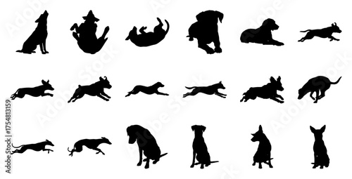 Dog silhouettes in various poses black white