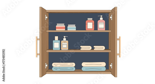 A wooden cabinet filled with toiletries towels and other bathroom essentials.